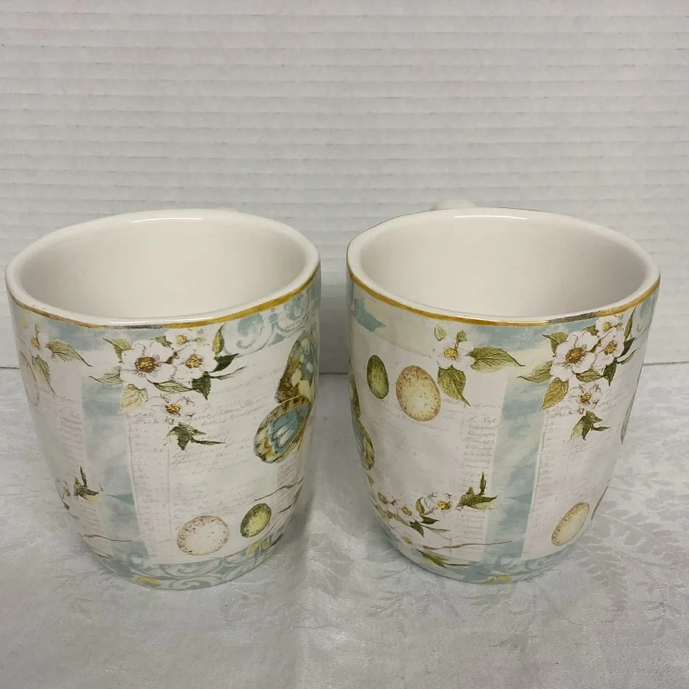 Pier 1 Imports Earthenware Field Notes Butterfly Garden Large Mugs Cup Set of 2